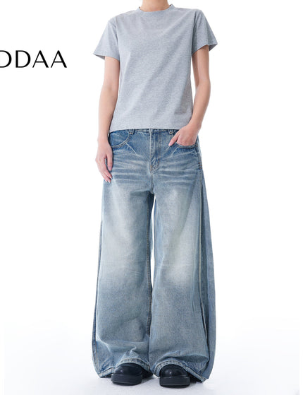 Washed Blue Relaxed Cleanfit Straight Leg Jeans - Mid Blue / S - Men’s Jeans