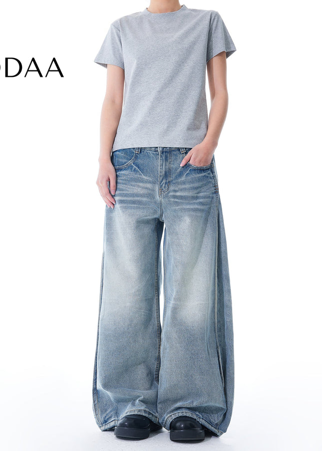 Washed Blue Relaxed Cleanfit Straight Leg Jeans - Mid Blue / S - Men’s Jeans