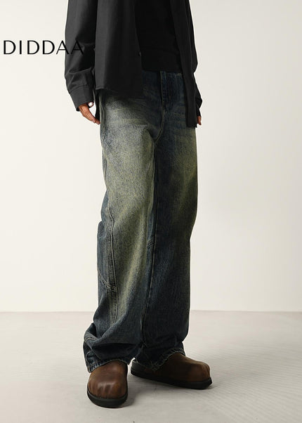 Washed Blue Retro Panelled Flared Jeans for Men - Men’s Jeans