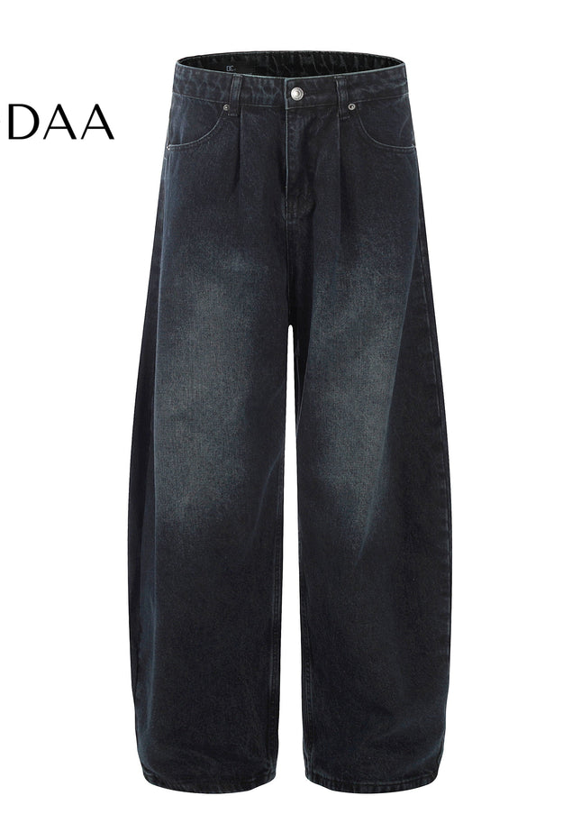 Washed Blue Retro Pleated Wide Leg Jeans - Dark Blue / S - Men’s Jeans