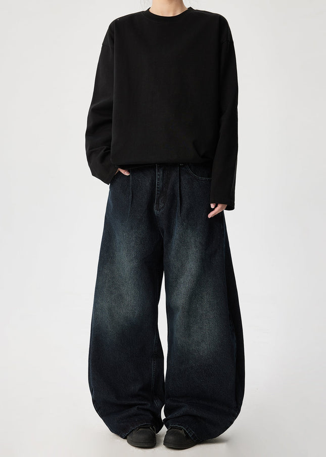 Washed Blue Retro Pleated Wide Leg Jeans - Men’s Jeans