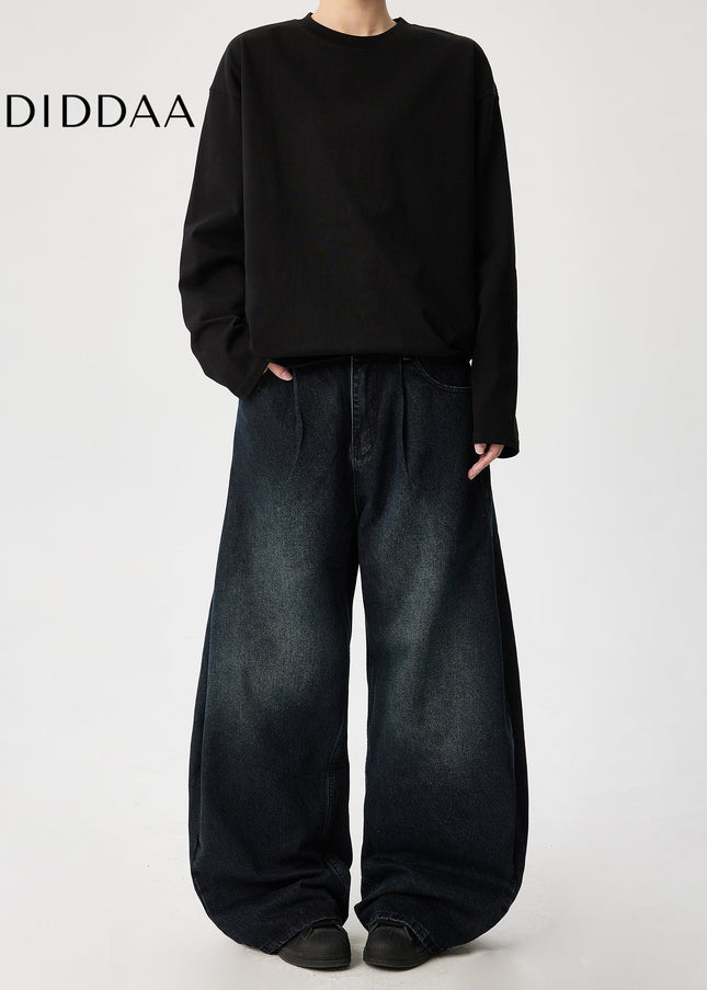 Washed Blue Retro Pleated Wide Leg Jeans - Men’s Jeans