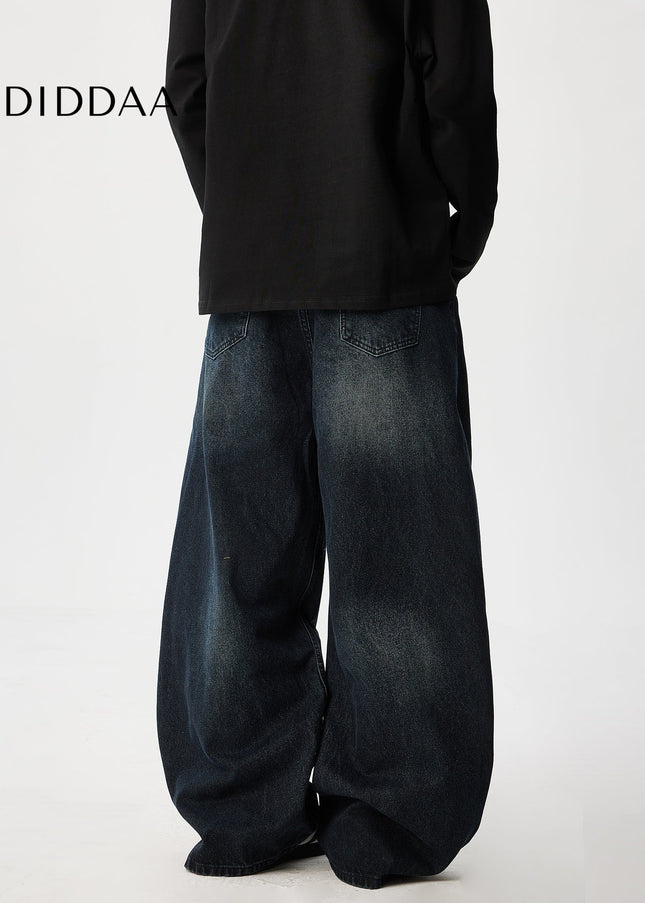 Washed Blue Retro Pleated Wide Leg Jeans - Men’s Jeans
