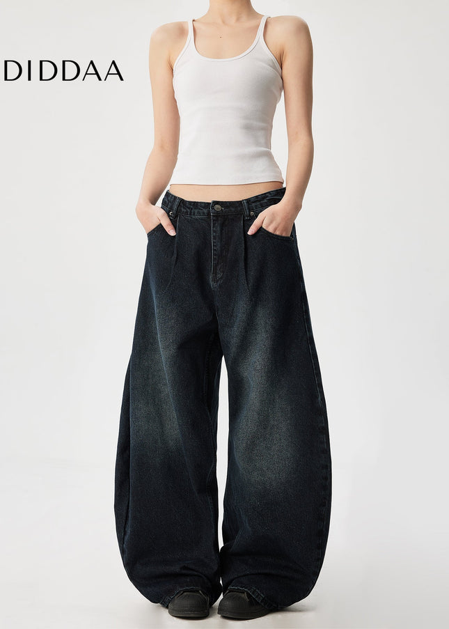 Washed Blue Retro Pleated Wide Leg Jeans - Men’s Jeans