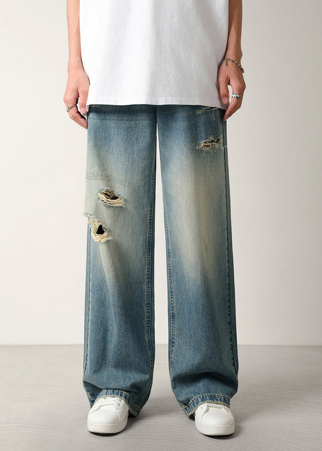 Washed Blue Vintage Ripped Loose Straight Jeans - 28 / Mid Blue - Men’s Jeans
