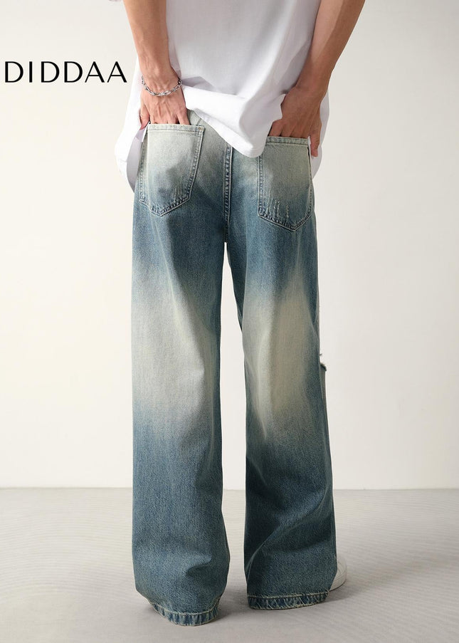Washed Blue Vintage Ripped Loose Straight Jeans - Men’s Jeans