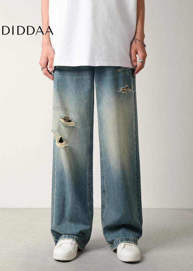 Washed Blue Vintage Ripped Loose Straight Jeans - Men’s Jeans
