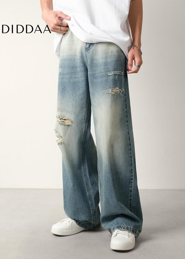 Washed Blue Vintage Ripped Loose Straight Jeans - Men’s Jeans