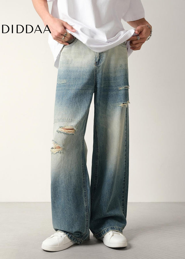 Washed Blue Vintage Ripped Loose Straight Jeans - Men’s Jeans