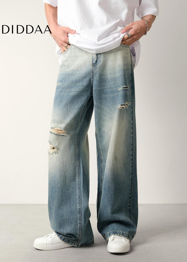 Washed Blue Vintage Ripped Loose Straight Jeans - Men’s Jeans