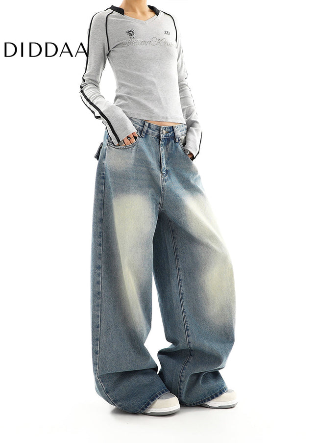Washed Distressed Cargo Wide Leg Jeans for Women - Women’s Jeans