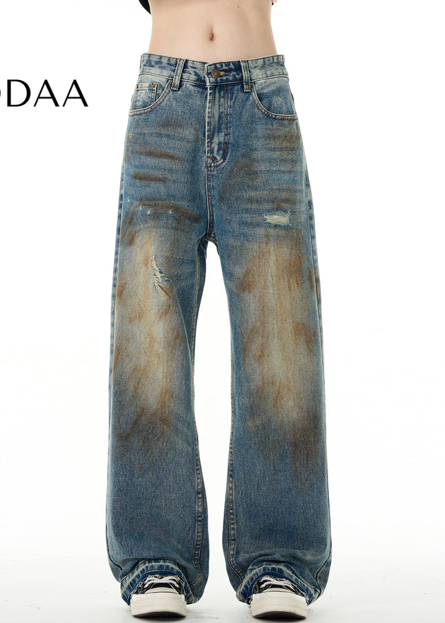 Washed Distressed Loose Fit Straight Jeans for Men and Women - S / Mid Blue - Men’s Jeans