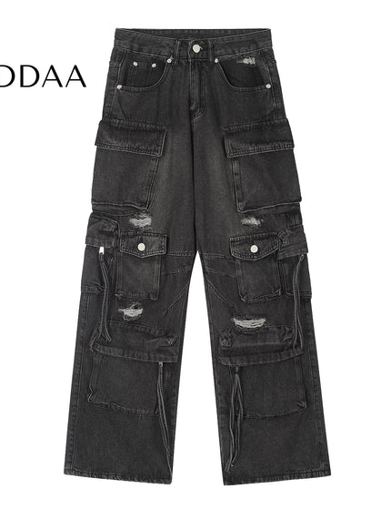 Washed Ripped Multi-Pocket Cargo Pants Black - S / Black - Women’s Jeans