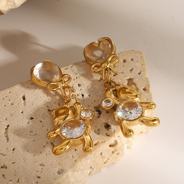 Jieding stainless steel white round zircon bear earrings temperament fashion bow stud earrings are versatile and cute earrings