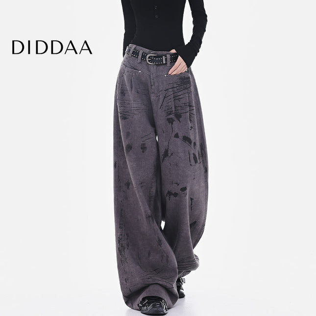 White Bow Print High-Waisted Wide-Leg Jeans - S / Dark Grey - Women’s Jeans