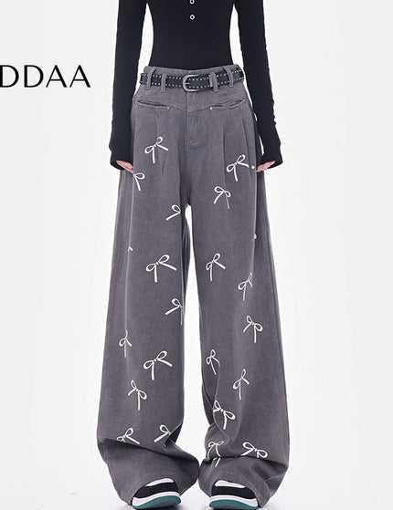 White Bow Print High-Waisted Wide-Leg Jeans - S / Grey - Women’s Jeans