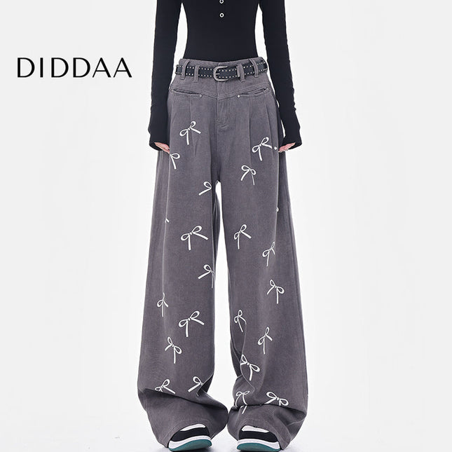White Bow Print High-Waisted Wide-Leg Jeans - S / Grey - Women’s Jeans