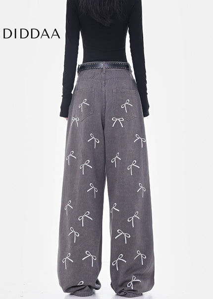 White Bow Print High-Waisted Wide-Leg Jeans - Women’s Jeans