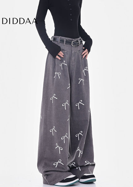 White Bow Print High-Waisted Wide-Leg Jeans - Women’s Jeans