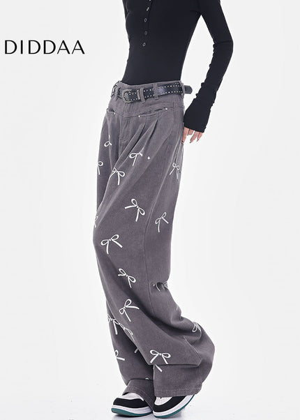 White Bow Print High-Waisted Wide-Leg Jeans - Women’s Jeans