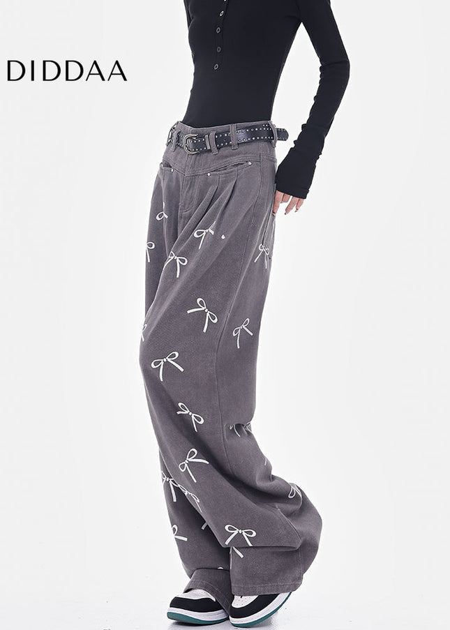 White Bow Print High-Waisted Wide-Leg Jeans - Women’s Jeans