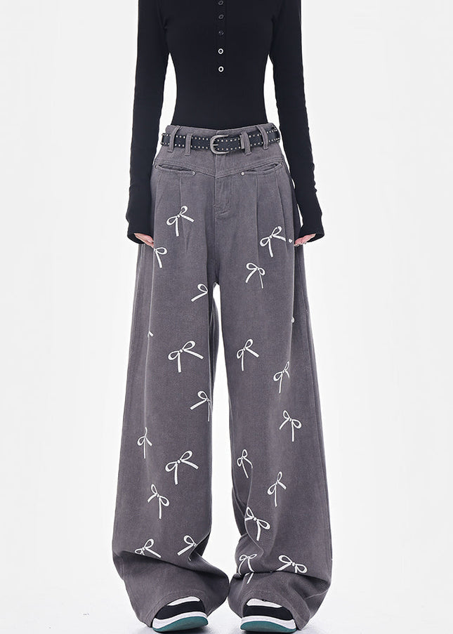 White Bow Print High-Waisted Wide-Leg Jeans - Women’s Jeans