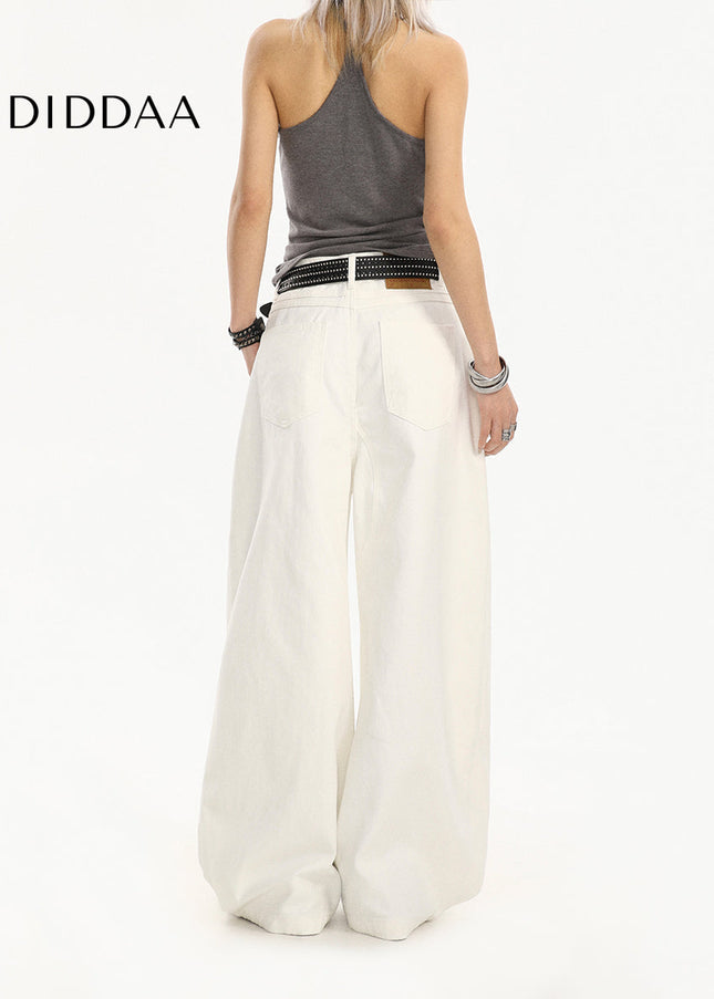 White Casual Loose Drape Wide-Leg Jeans for Women - Women’s Jeans