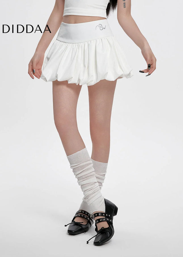 White Diamond Fluffy Bud High Waist A-Line Skirt - Skirts