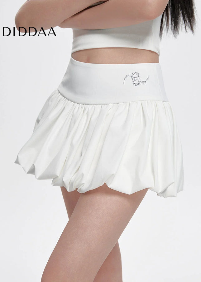 White Diamond Fluffy Bud High Waist A-Line Skirt - Skirts