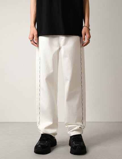 White Embroidered Contrast Loose Wide-Leg Jeans - 28 / White - Men’s Jeans