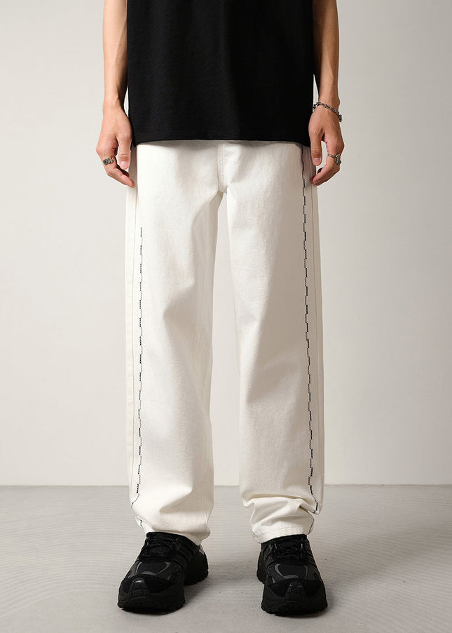 White Embroidered Contrast Loose Wide-Leg Jeans - 28 / White - Men’s Jeans
