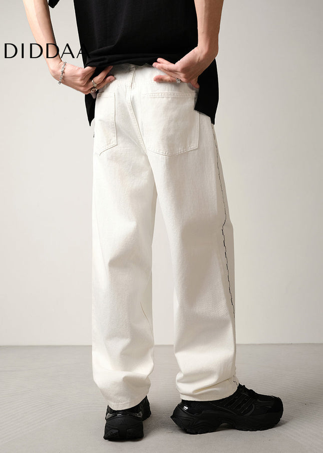 White Embroidered Contrast Loose Wide-Leg Jeans - Men’s Jeans