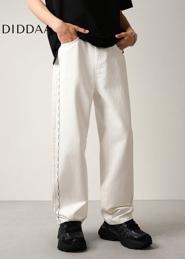 White Embroidered Contrast Loose Wide-Leg Jeans - Men’s Jeans