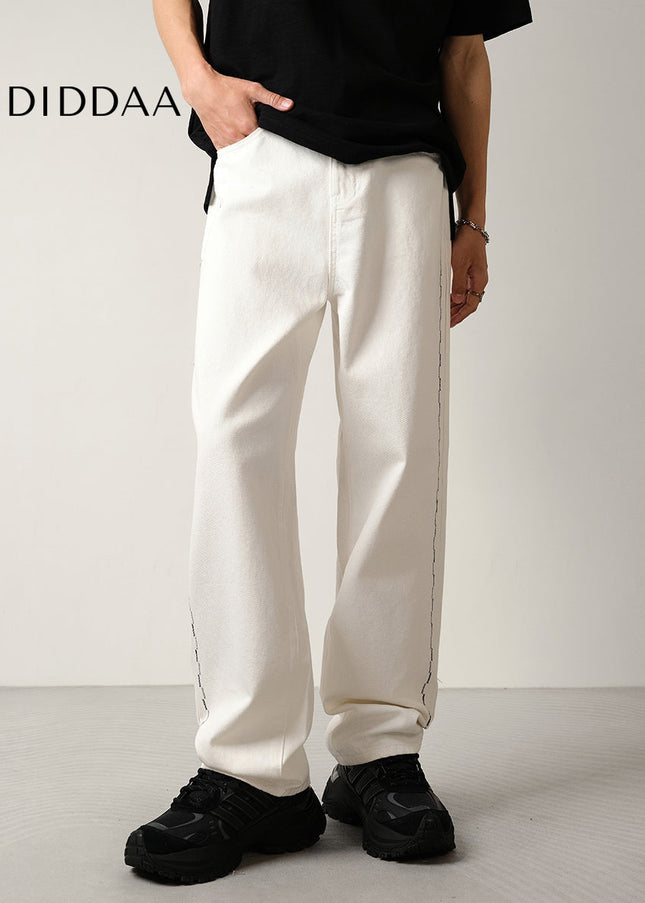 White Embroidered Contrast Loose Wide-Leg Jeans - Men’s Jeans