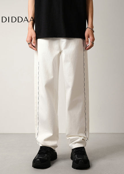 White Embroidered Contrast Loose Wide-Leg Jeans - Men’s Jeans