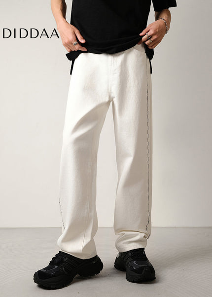 White Embroidered Contrast Loose Wide-Leg Jeans - Men’s Jeans