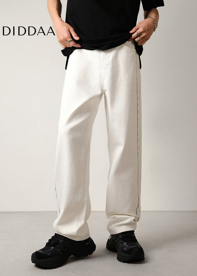 White Embroidered Contrast Loose Wide-Leg Jeans - Men’s Jeans