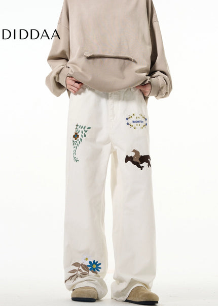 White Embroidered Luxury Hiphop Straight-Leg Jeans - Men’s Jeans