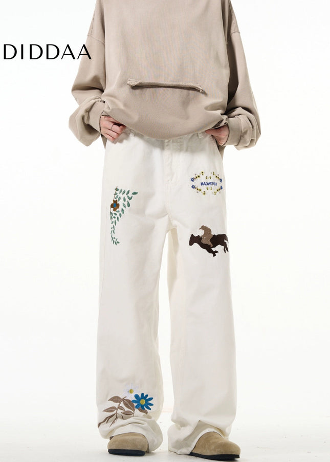 White Embroidered Luxury Hiphop Straight-Leg Jeans - Men’s Jeans