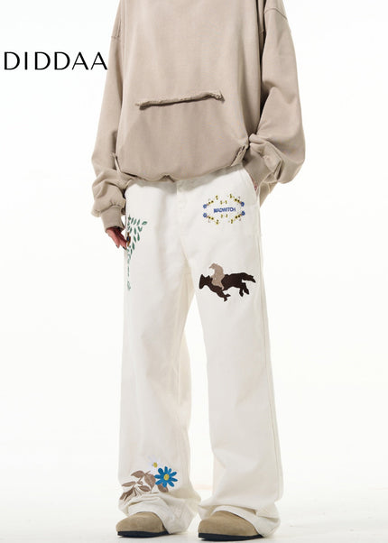 White Embroidered Luxury Hiphop Straight-Leg Jeans - Men’s Jeans