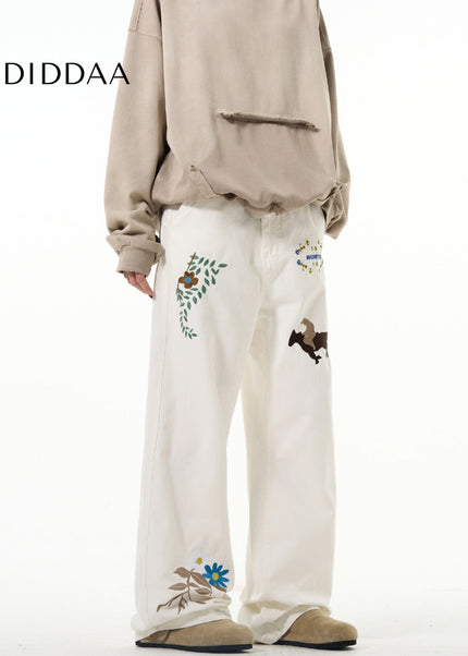 White Embroidered Luxury Hiphop Straight-Leg Jeans - Men’s Jeans