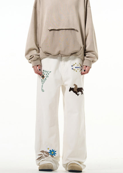 White Embroidered Luxury Hiphop Straight-Leg Jeans - Men’s Jeans