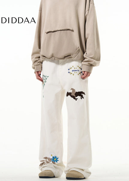 White Embroidered Luxury Hiphop Straight-Leg Jeans - Men’s Jeans