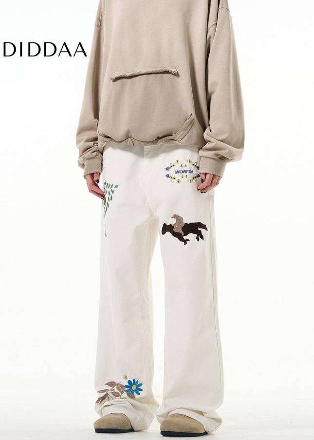 White Embroidered Luxury Hiphop Straight-Leg Jeans - Men’s Jeans