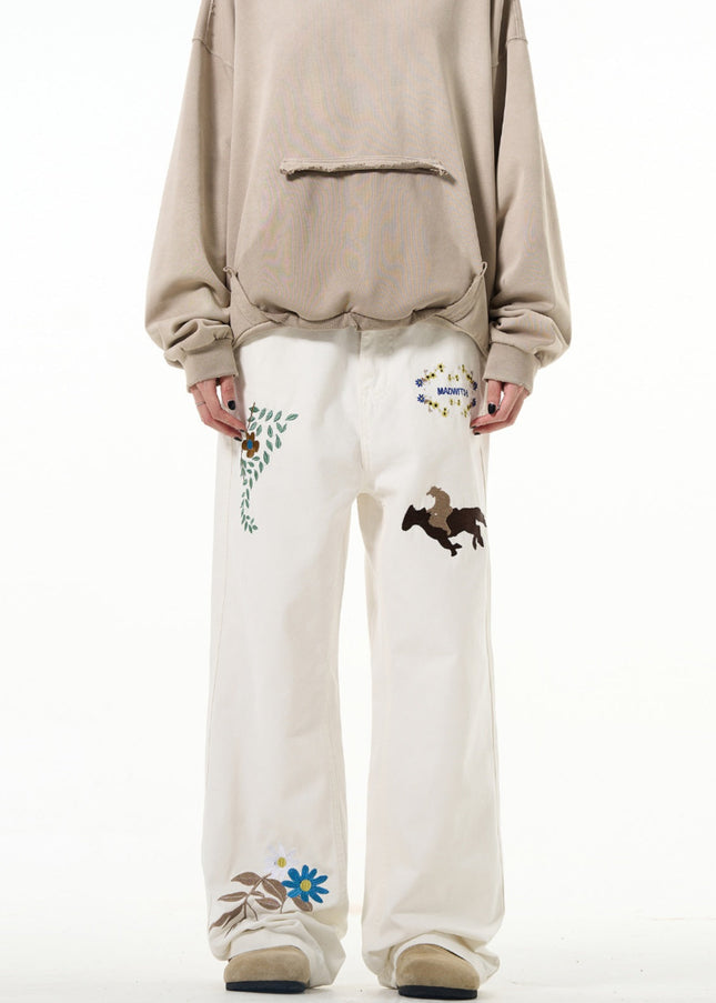 White Embroidered Luxury Hiphop Straight-Leg Jeans - Men’s Jeans