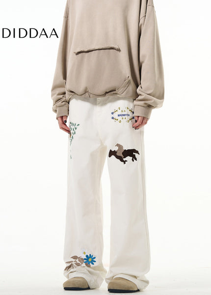 White Embroidered Luxury Hiphop Straight-Leg Jeans - Men’s Jeans