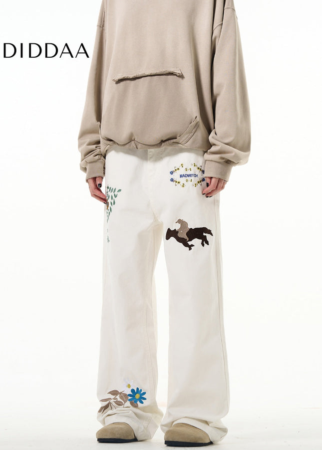 White Embroidered Luxury Hiphop Straight-Leg Jeans - Men’s Jeans