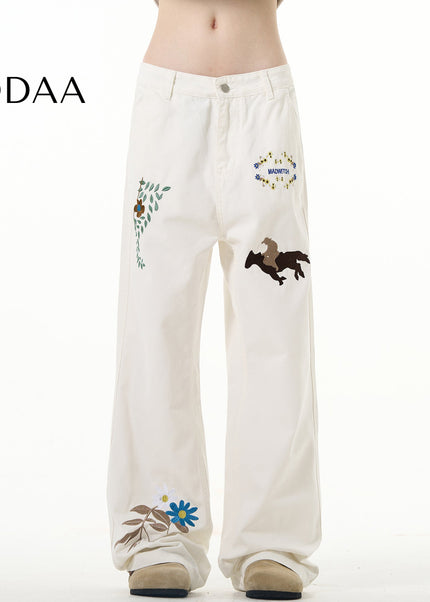 White Embroidered Luxury Hiphop Straight-Leg Jeans - S / White - Men’s Jeans