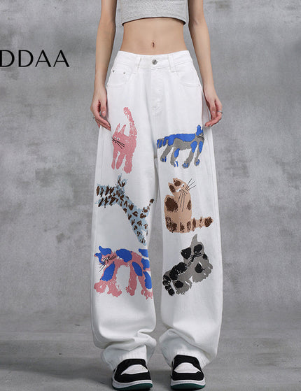 White Graffiti Kitten Print Wide-Leg Jeans for Women - S / White - Women’s Jeans