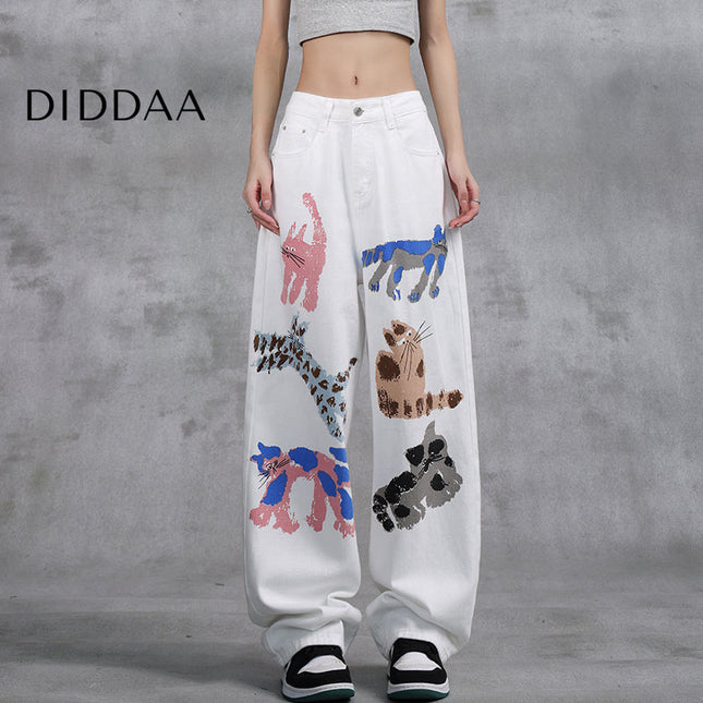 White Graffiti Kitten Print Wide-Leg Jeans for Women - S / White - Women’s Jeans
